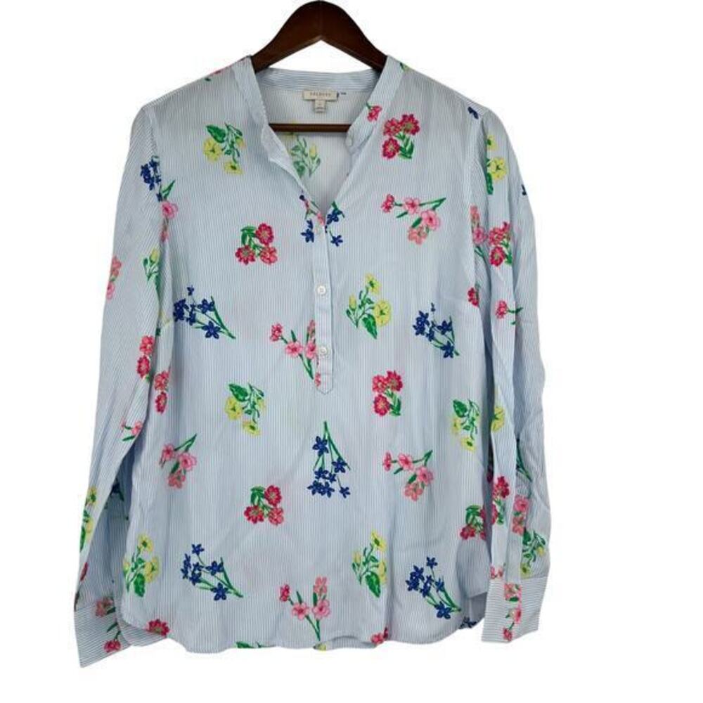 Talbots Blue & White Stripe Floral Popover 1/2 Button Blouse Long Sleeve small